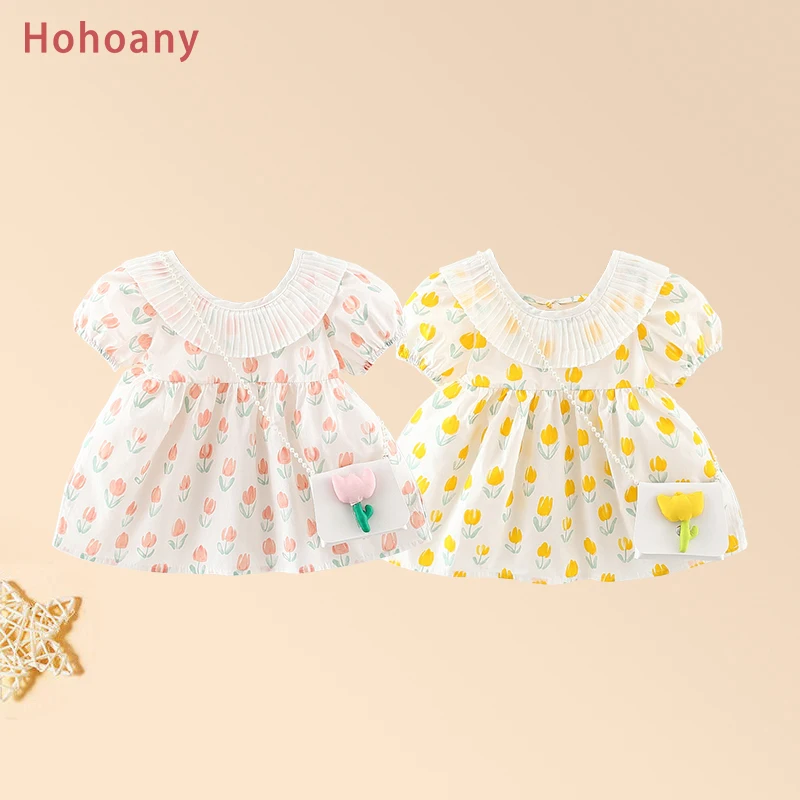 Hohoany Summer Fresh Baby Girls Dresses Sweet Flowers Puff Sleeves Children Clothes Thin Toddler Costume For 0 to 3 Years Old