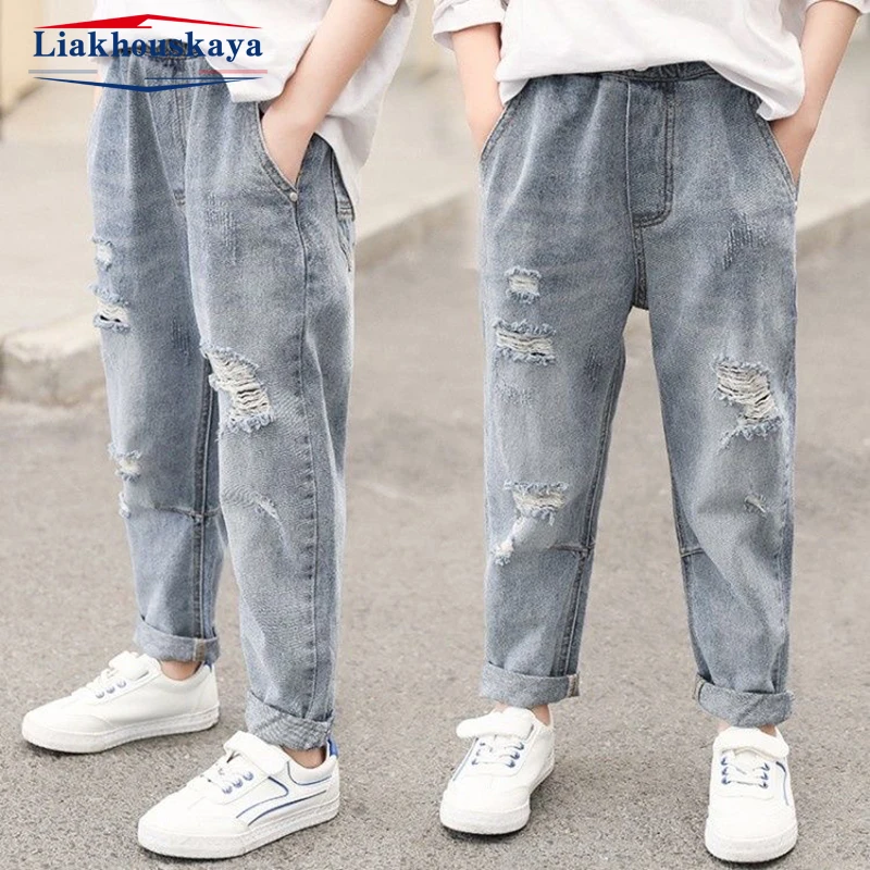 

Повседневные джинсы для девочек, детские рваные джинсовые брюки с широкими штанинами и длинными полосками сбоку, одежда для девочек-подростков 110-160 см