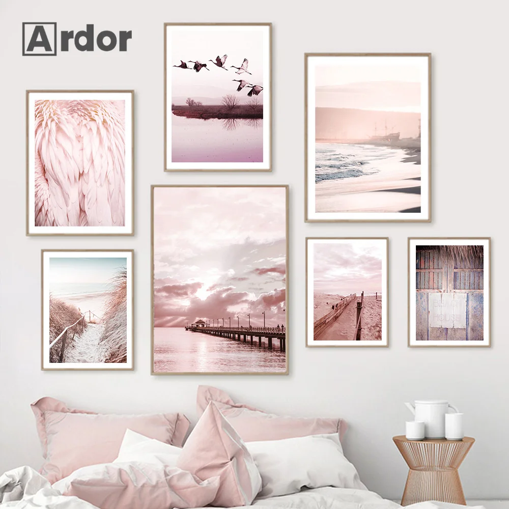 

Pink Landscape Poster Reed Feather Sea Bridge Canvas Painting Paris Tower Nordic Print Wall Art Pictures Girl Bedroom Home Decor