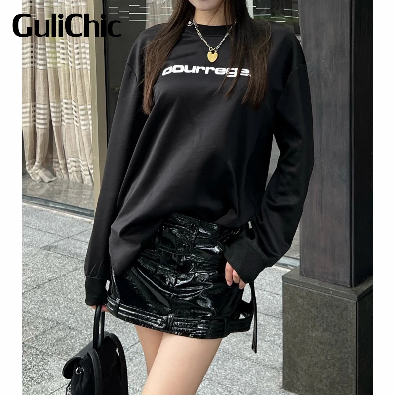 

Женский комплект GuliChic 9,12 года, пуловер с круглым вырезом и длинным рукавом, Свитшот или мини-юбка из искусственной кожи