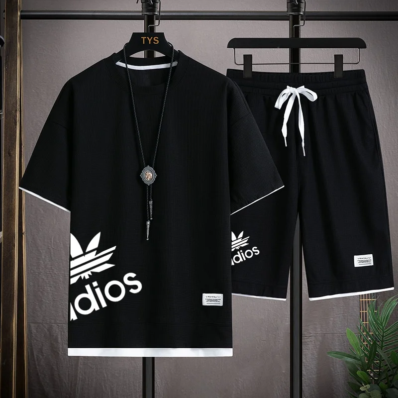 Summer new men's tops, sports shorts, waffle fabric, cool, breathable and sweat-absorbing, casual and fashionable Korean jogging