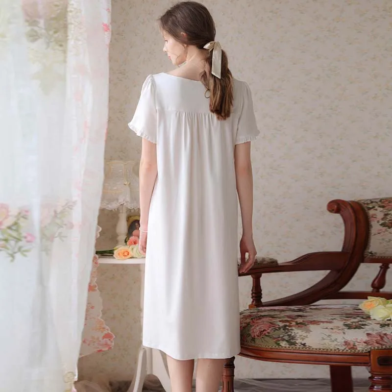 Roseheart Women Homewear White Pink Sexy Sleepwear Nightdress V Neck Bow Nightwear Long Luxury Female Court Gown Nightgown