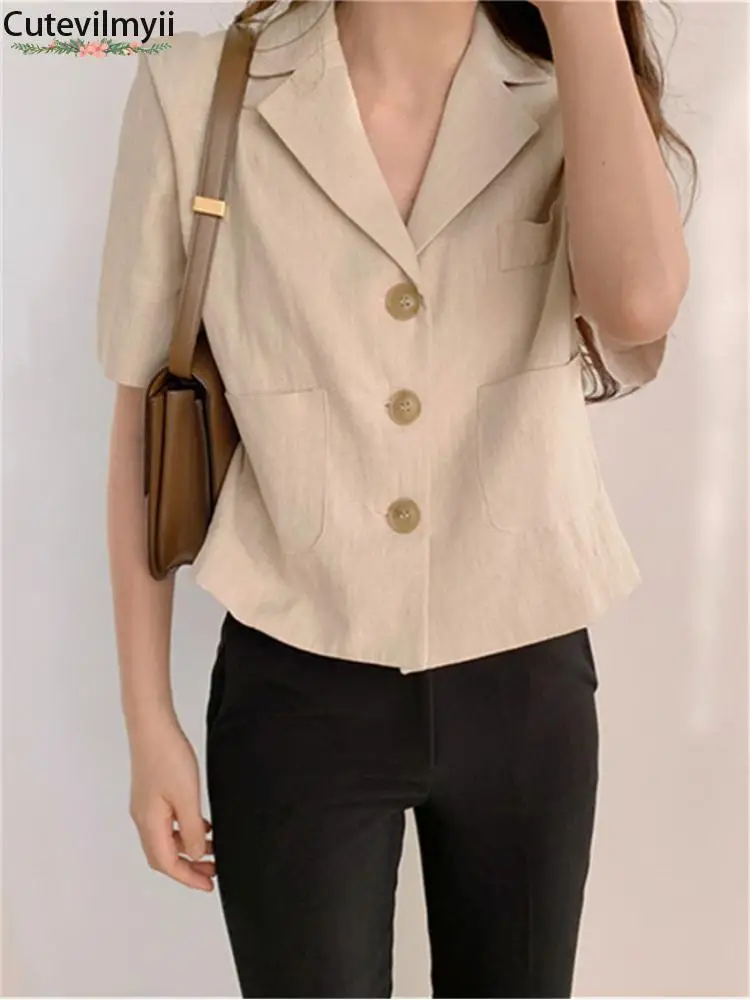 

Hot Sales Apricot Retro Summer Coats Nocthed Chic 2022 Short Sleeves Solid New High Waist Fashion Slim Office Wear OL Blazers