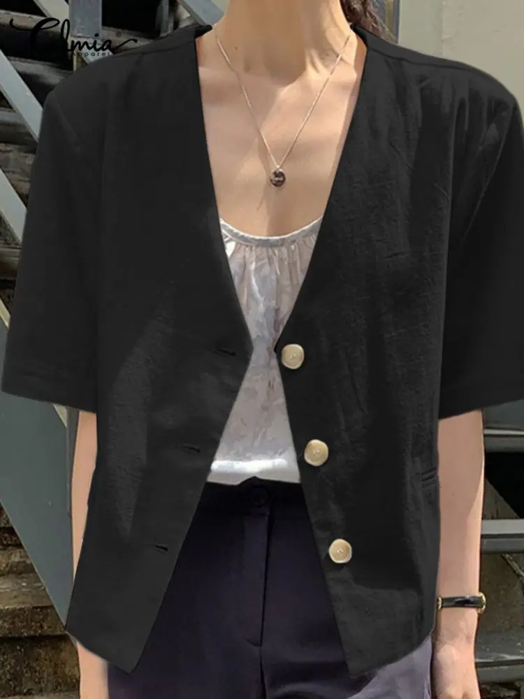 

Celmia Women Summer Short Sleeve Blazer 2022 Fashion V Neck Thin Shirts Casual Buttons Pocket Office Outwears All match Oversize