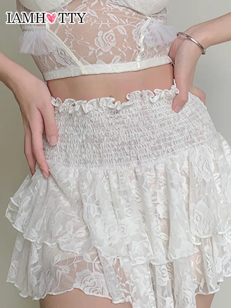 Мини-юбка IAMHOTTY с каскадными оборками и рюшами белые кавайные плиссированные