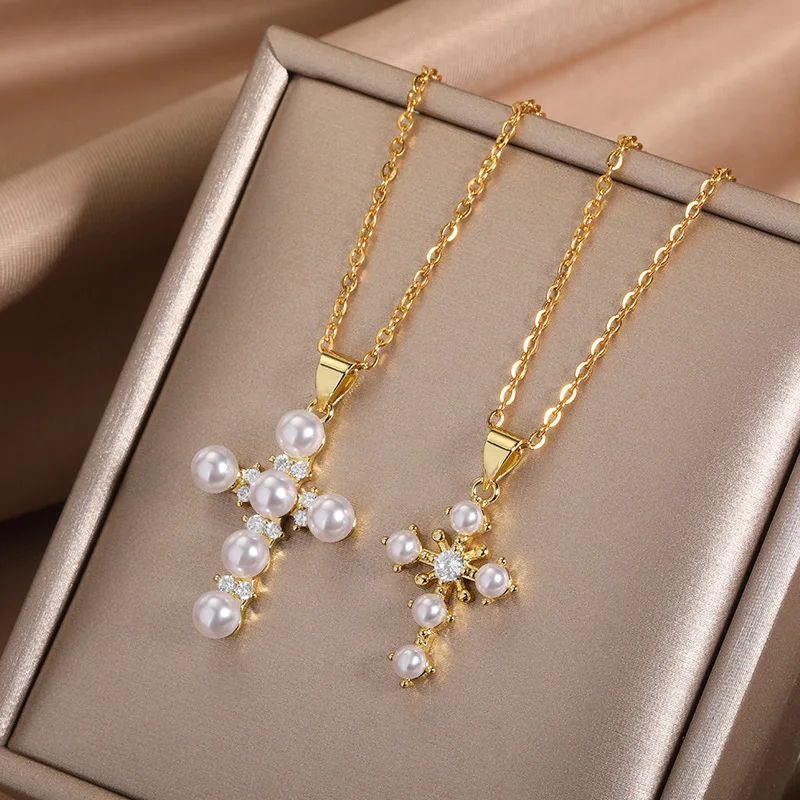 

Vintage Multilayer Imitation Pearls Cross Pendant Necklaces For Women Fashion Luxury Design Chain Necklace Jewelry Gift