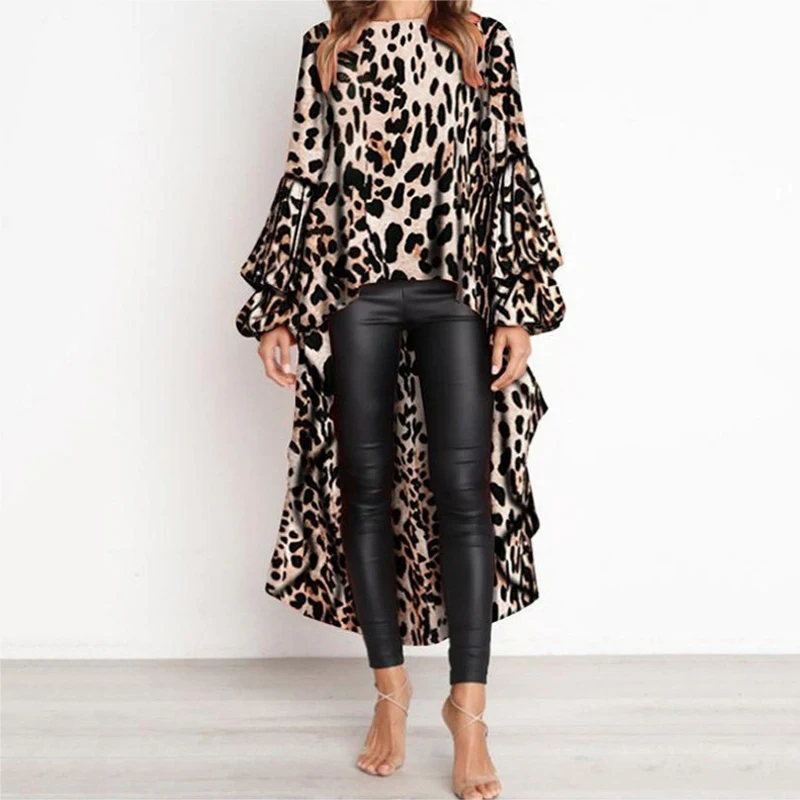 

Camiseta feminina casual irregular, manga longa, estampa de leopardo, moda outono e inverno