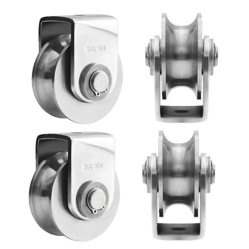 

4 Pcs Pulley Block U 304 Stainless Steel Pulley Roller Duplex Bearing Silent Detachable Heavy Duty Grooved Wheel Loading