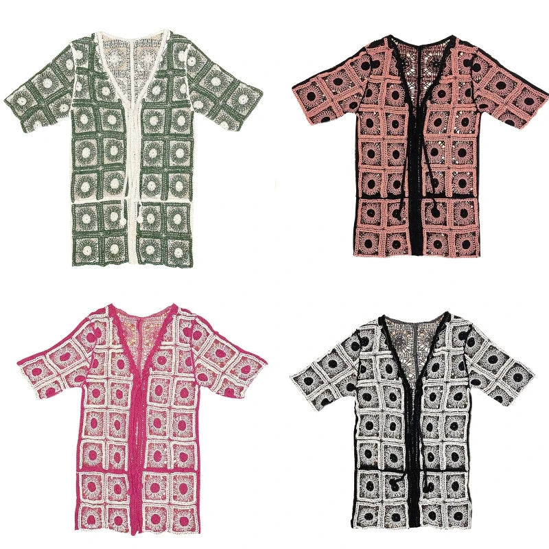 

Women Long Crochet Kimono Cardigan with Half Sleeves Hollow Out Knitted Floral Open Front Lace-Up Sweater Jacket Outwear