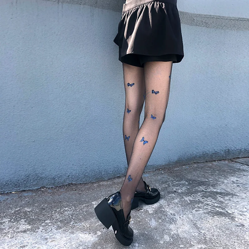 SP &amp CITY/Синие сексуальные черные колготки с принтом бабочки женские тонкие