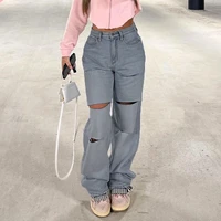 womens 2022 summer new street ins hot girl style sexy fashion loose knife cut hole light blue straight jeans