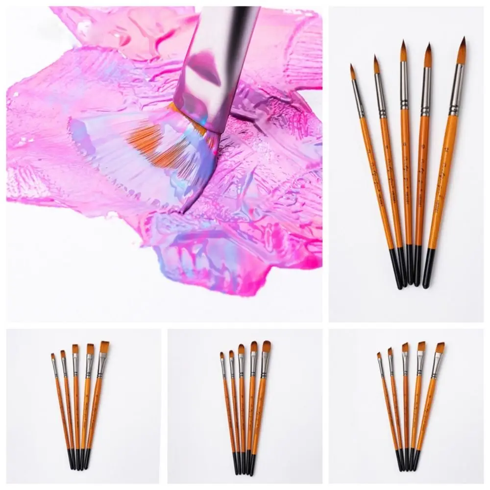 

5pcs/set Wooden Handle Painting Brushes Kits Spike Head Round Head Art Paint Brushes Synthetic Nylon Tips Stationery