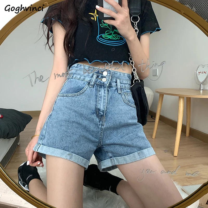 

Denim Shorts Women Summer Vintage Cuffs Simple Ulzzang Streetwear Young Girl Fashion All-match Wide Leg Baggy High Waisted Hot