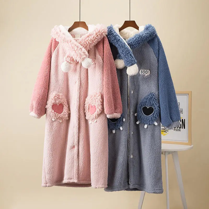 Cartoon Sleepwear Animal Cosplay Flannel Pajamas Sets Women Winter Nightgown Suit Thicken Warm Bathrobe Casual Loose Nightwear