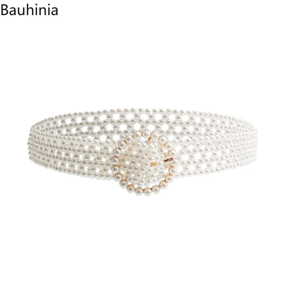 Bauhinia Simple 100x3.5cm Pearl Pin Buckle Belt Fashion All-Match Hollow Waist Chain For Young Women