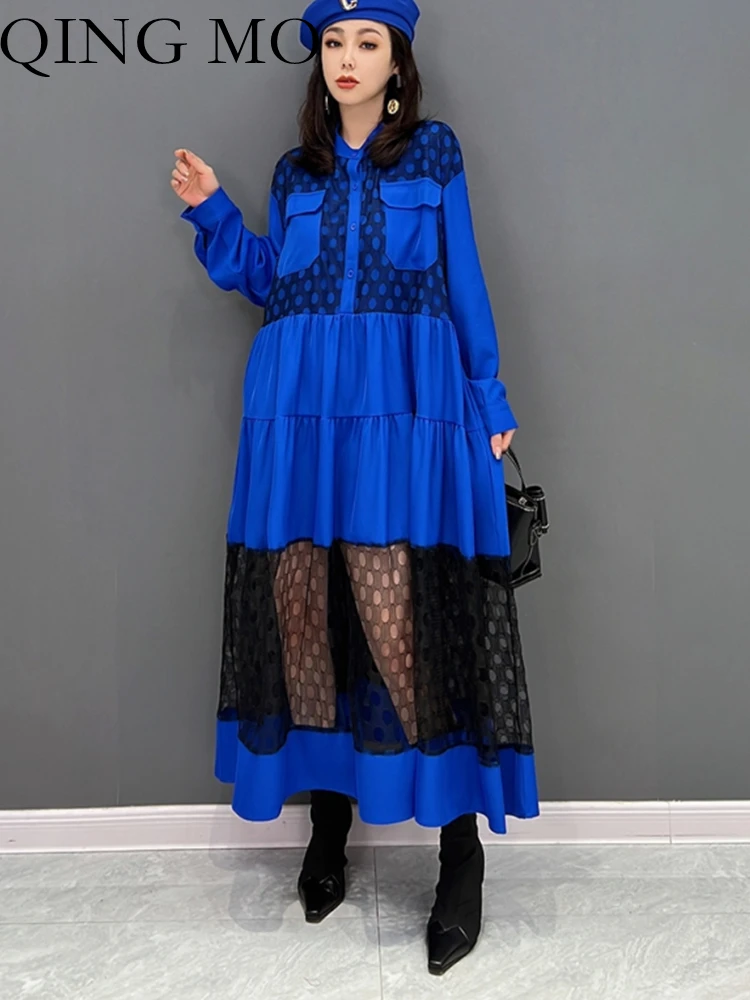 

QING MO 2023 Spring Autumn New Korean Version Fashion Stitched Mesh Shirt Dress Female Streetwear Women Dresses ZXF414