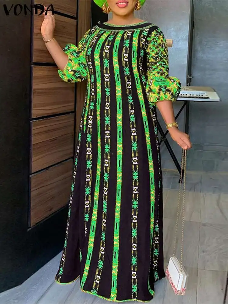 

VONDA 2023 Summer Dresses Women Long Sundress O-Neck Printed Casual Bohemian Vintage Lantern Sleeve Party Maxi Vestidos Oversize