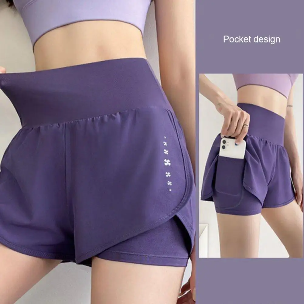 

Solid Color Chic Summer Ladies Running Short Pants Trousers Fake Two Piece Women Athletic Shorts Pocket Exercise Wear