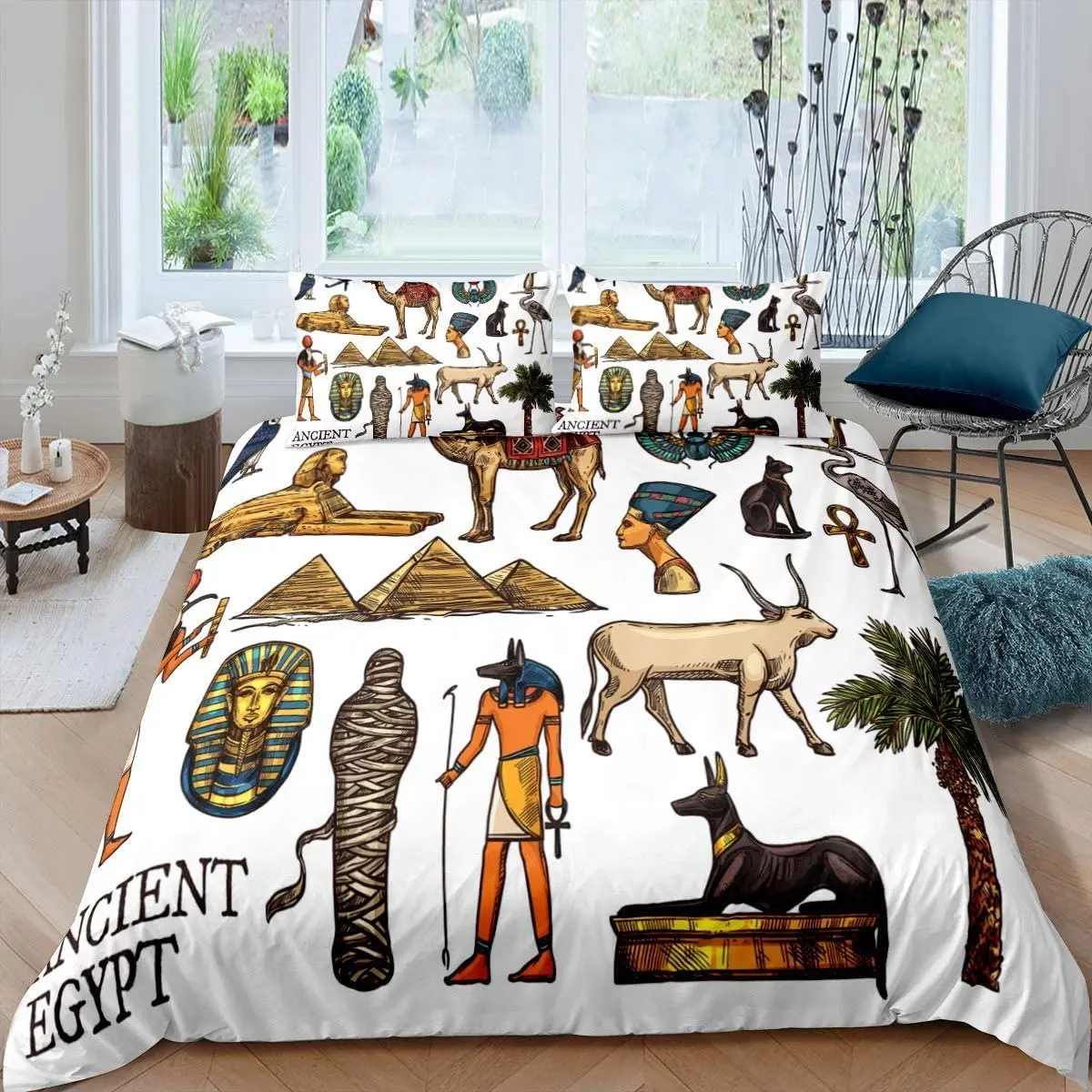 

Ancient Egypt Duvet Cover Set Vintage Pharaoh Pyramid Boho Tribal Polyester Quilt Cover 2/3pcs Queen Egyptian Symbol Bedding Set