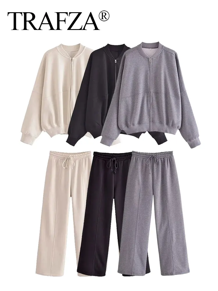 

Женский зимний теплый костюм TRAFZA с флисовой подкладкой, куртка на молнии, свитшот, модные эластичные женские брюки с высокой талией, комплект из 2 предметов