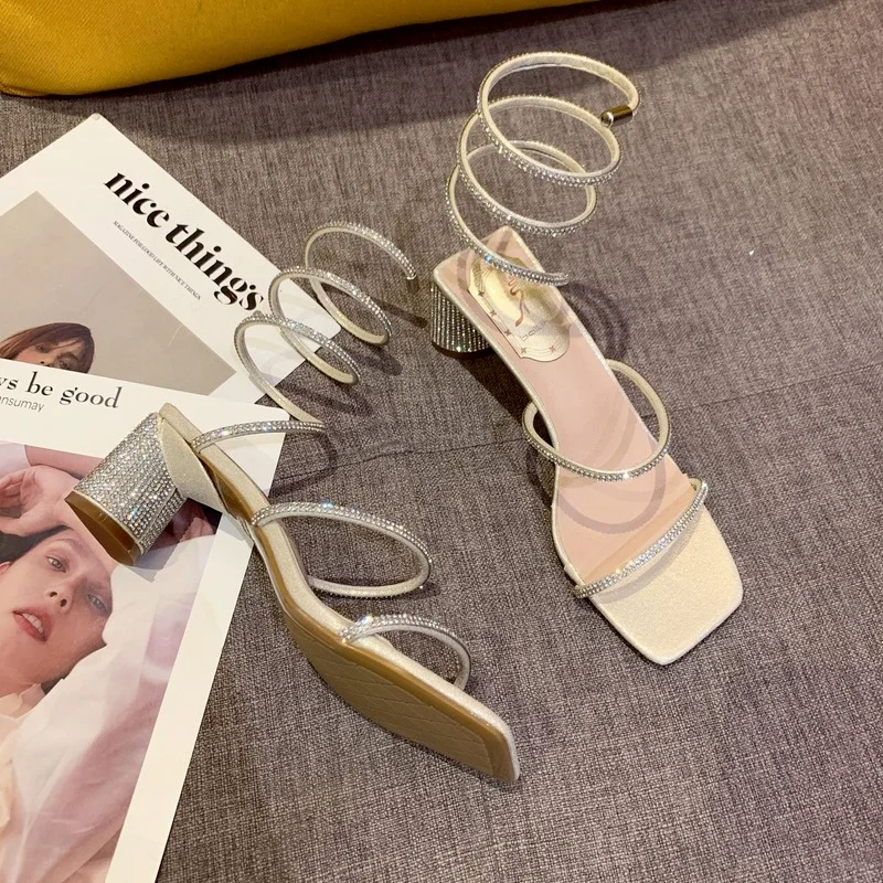 Summer Women's Sandals Fashion Luxury Square Toe Rhinestone Snake Wrap Heel Sandals Birthday Wedding Party Shoes Sandalias Mujer