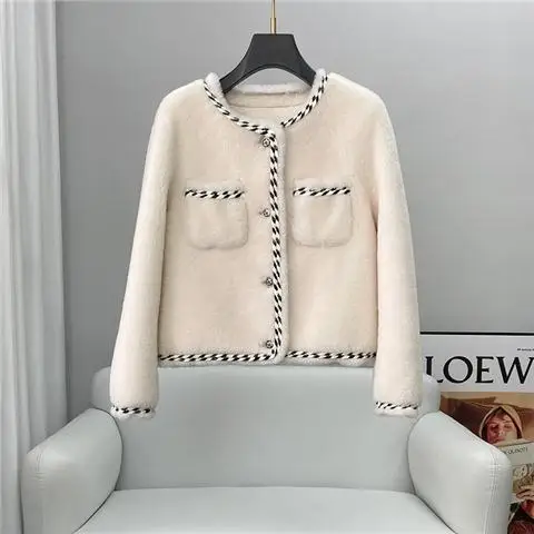 2023 New Women Winter Korean Warm Real Sheep Shearling FurJacket Single Breasted Coat Fashion Lady Casual Overcoat Q104