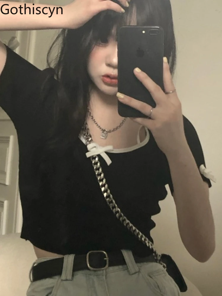 Футболка с коротким рукавом и бантом в стиле Харадзюку |