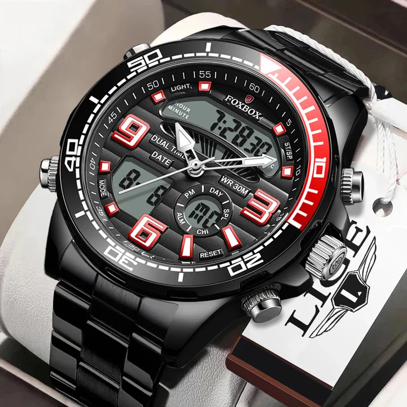 

FOXBOX Men Watch Dual Display Waterproof Date Clock Wristwatch Fashion Watch for Men Electronic Mens Watches Relogio Masculino