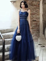 luxury blue evening dresses summer new spaghetti straps fantasy starry sky glitter tulle long party womens banquet formal gowns