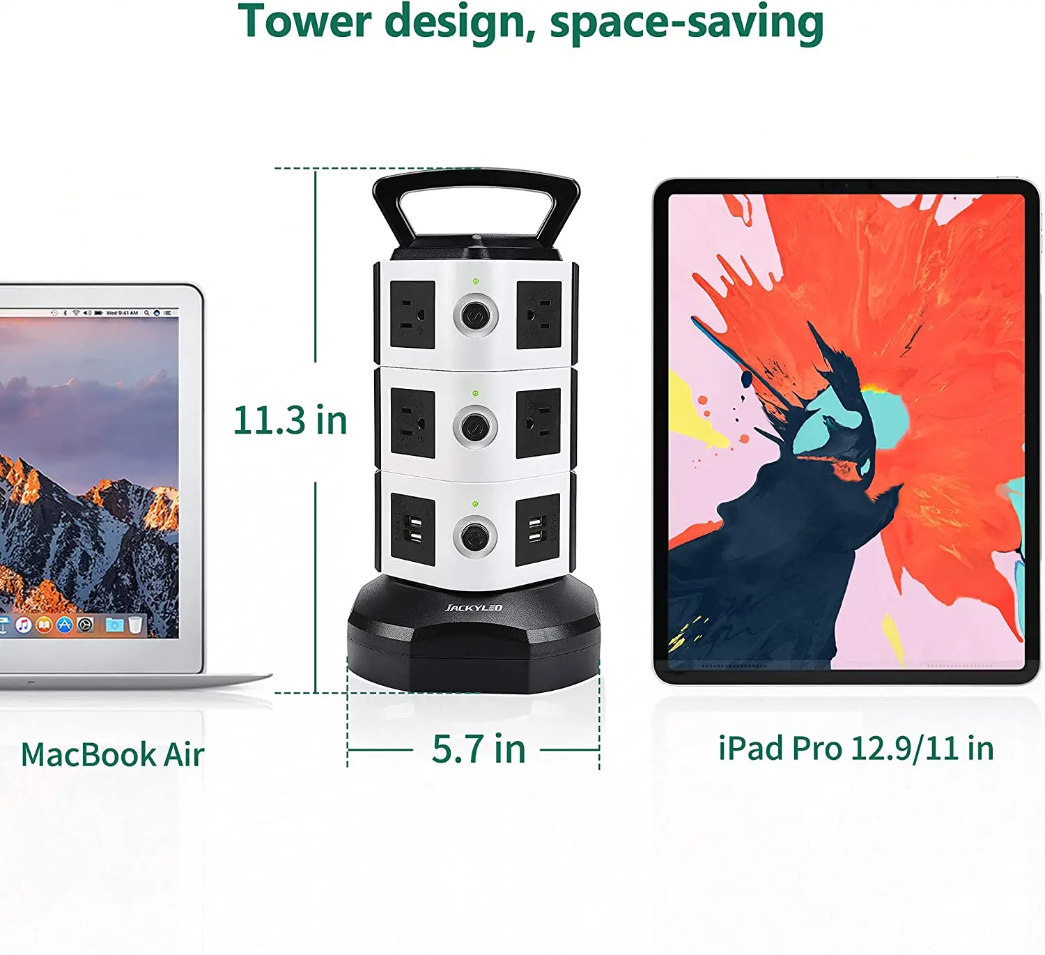 2022.Power Strip Tower JACKYLED Surge Protector Electric Charging Station 3000W 13A 10 Outlets 4 USB Ports with 16AWG 6.5ft