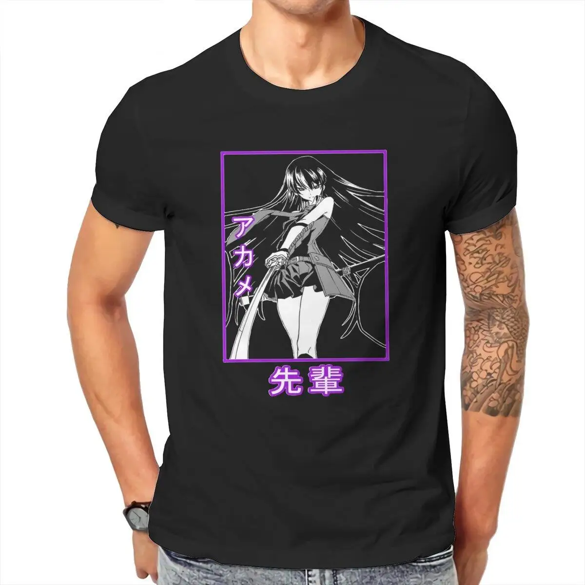 Akame Senpai  T-Shirt for Men Akame Ga Kill Anime Funny Cotton Tees Crew Neck Short Sleeve T Shirts Unique Tops