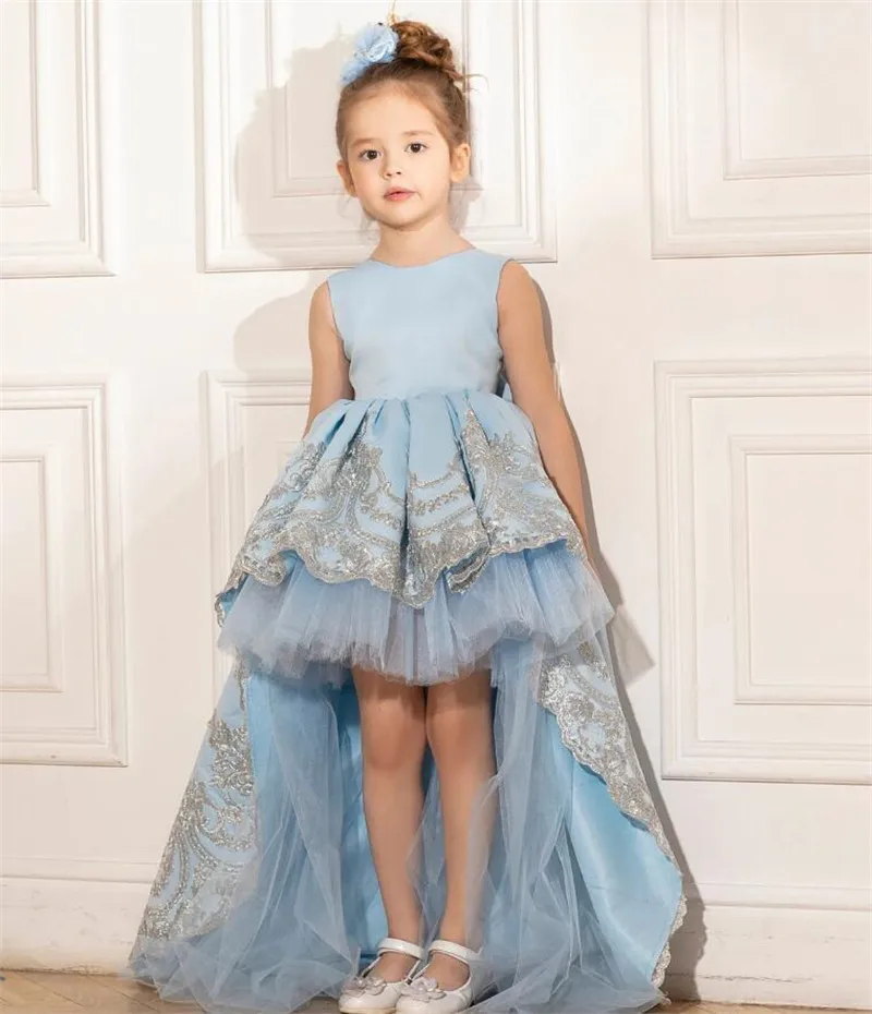 

Атласное платье небесно-голубого цвета с цветочным рисунком для девочек, Серебряное кружевное детское платье для свадебной вечеринки, принцессы, день рождения, искусственное изготовление на заказ