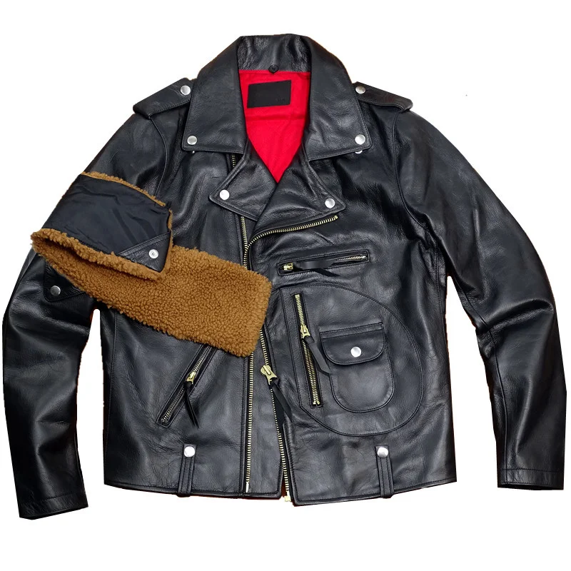 

Мужская кожаная куртка из воловьей кожи, тонкая теплая Толстая Съемная Классическая мотоциклетная одежда, винтажная одежда для осени и зимы