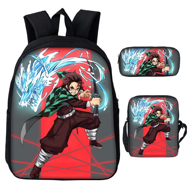 3 Piece Children Anime Backpacks Demon Slayer Nezuko Tanjirou Girls Boys Primary School Student Shoulder Bags New Kids Pen Bag
