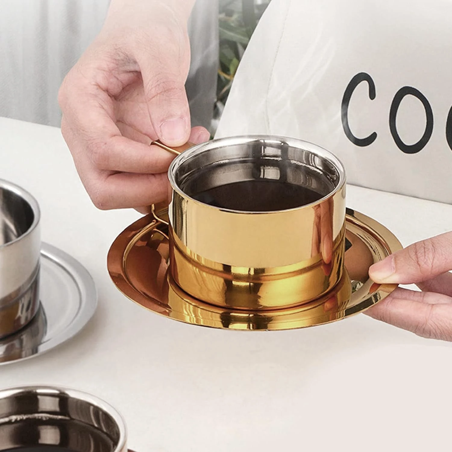 Stylish Durable and Convenient Gold Stainless Steel Tea Cup with Saucer - 30 oz for Hot Drinks Ideal Restaurants Cafe