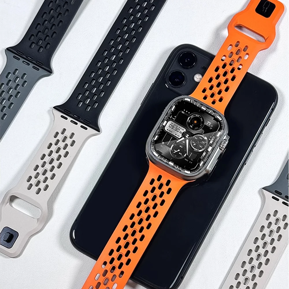 Силиконовый ремешок для Apple Watch 10 46 мм 42 45 41 44 49 40 дышащий браслет correa Series 9 8 7 6 5 3 SE