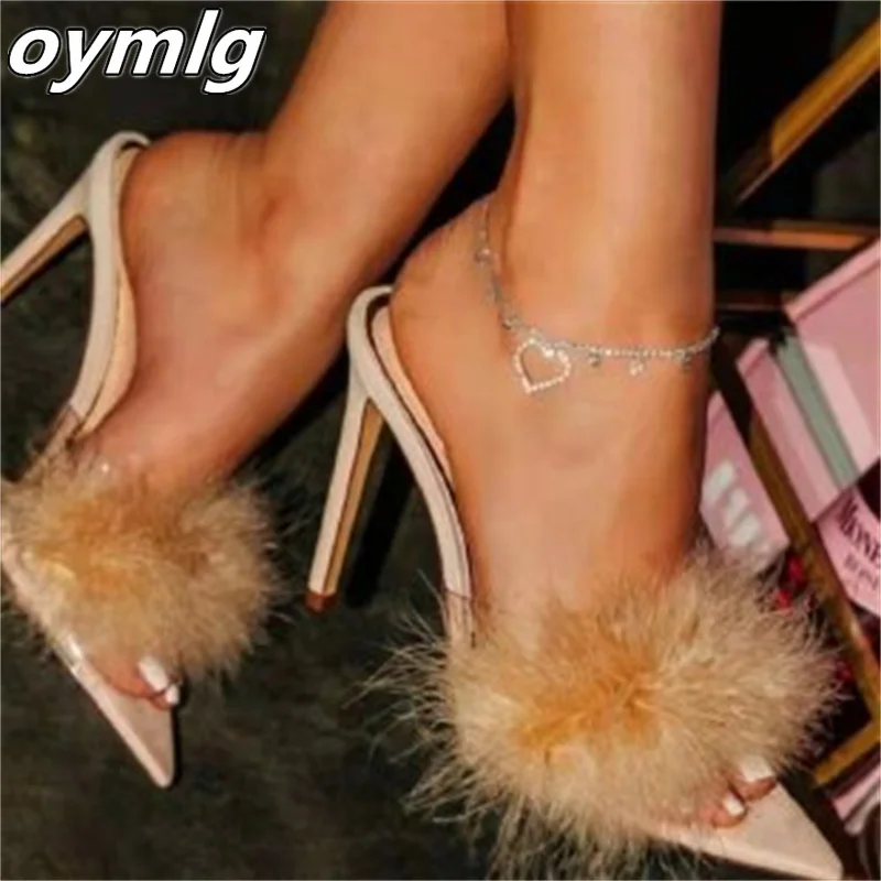

2022 new sexy high heels nightclub transparent sandals and slippers plush sexy shoes plus size shoes 43 dress shoes