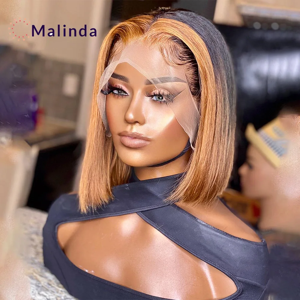 Короткий прямой волосы боб Омбре 1b имбирный цветной парик 13x6 HD прозрачные