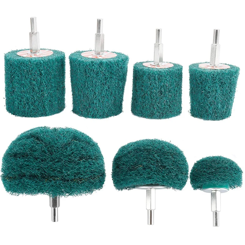 

7PCS Non Woven Abrasive Buffing Wheels Drill Attachment Set Green Scouring Pads Wheel With 1/4Inch Shank For Polishing