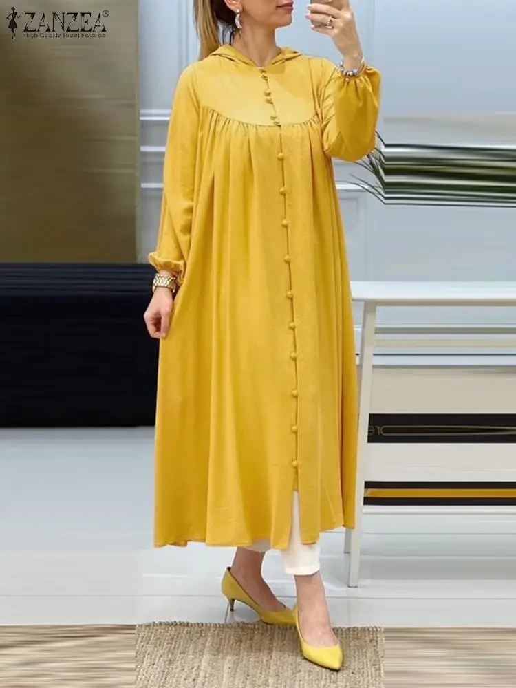 

Платье ZANZEA женское с капюшоном и воротником-капюшоном, Длинное свободное модное Плиссированное миди-платье для отдыха, повседневная одежда с одной грудью