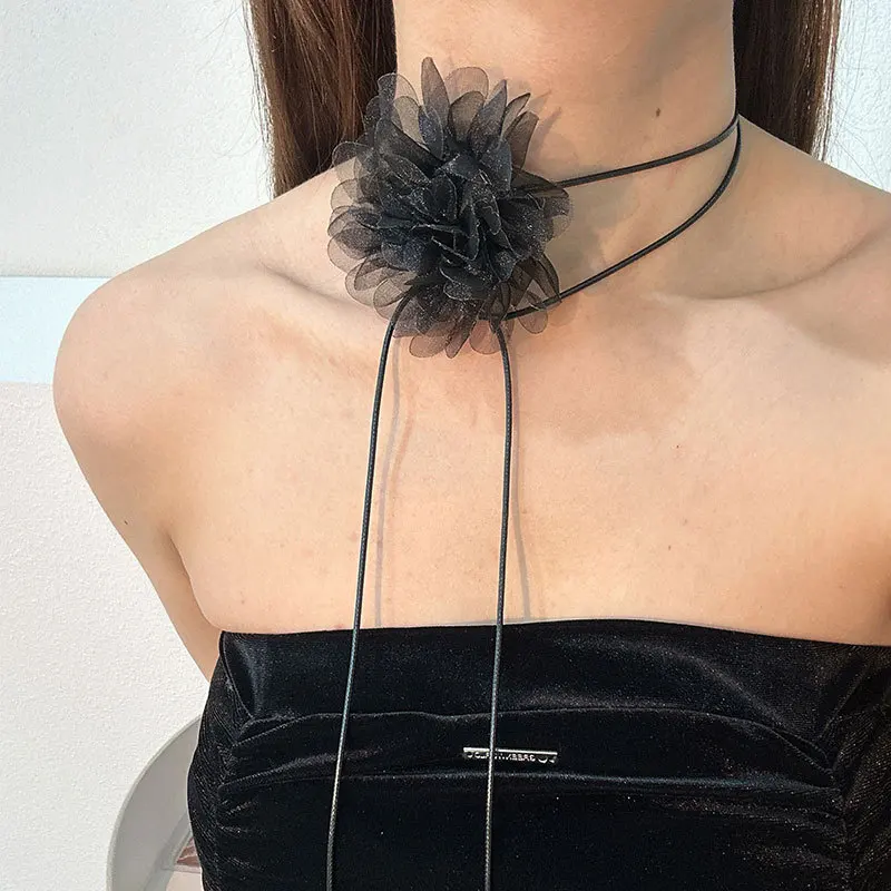 Goth Lace Big Flower Clavicle Chain Necklace for Women Romantic Exaggerated Kpop Adjustable Bowknot Choker Dinner Party Jewelry