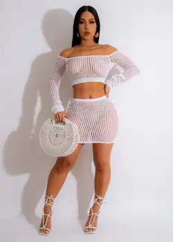 Casual Women Skirt Tracksuit Two Piece Set Slash Neck Dresses Set Hollow Out See Through Summer Beach Clothes Suit Outfit 1