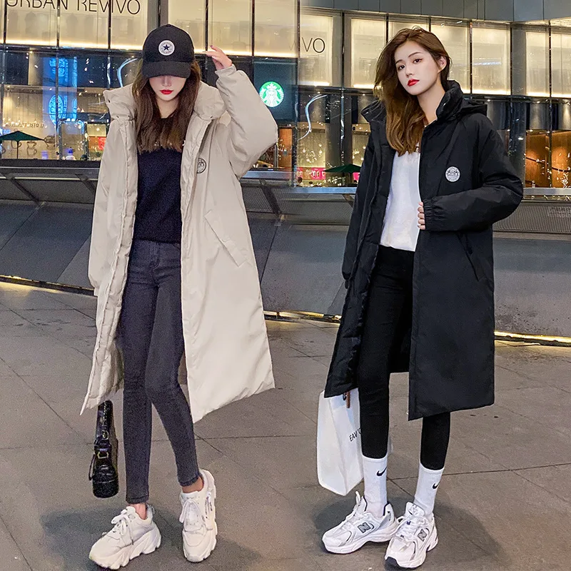 Thickened Straight Temperament Commuter Down Cotton-padded Jacket Zipper Women Loose Long Solid Color Hooded Winter 2023 New