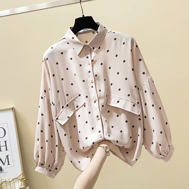 

SuperAen 2022 весенние шифоновые рубашки в горошек с отложным воротником повседневные Универсальные женские топы