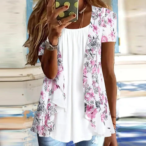 2023 New Elegant Summer Women T-shirts O Neck Flower Print T Shirt Women Elegant Flower Print Pullover Tops Two Piece Design