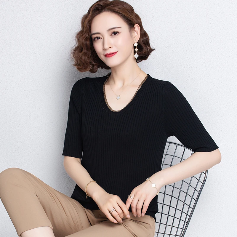 

Лето 2022, новая Корейская женская трикотажная рубашка с V-образным вырезом, облегающий Тонкий Топ joker