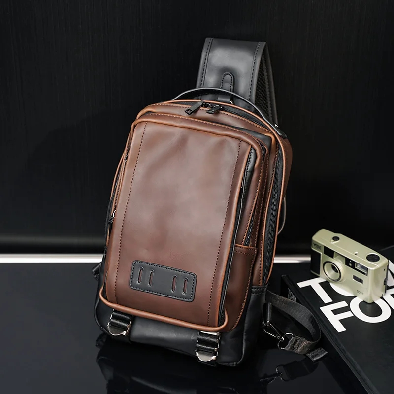 

Large Square Men Chest Bags Leather High Capacity Brown Man Crossbody Bags Vintage Solid Shoulder Male Sling Backpack