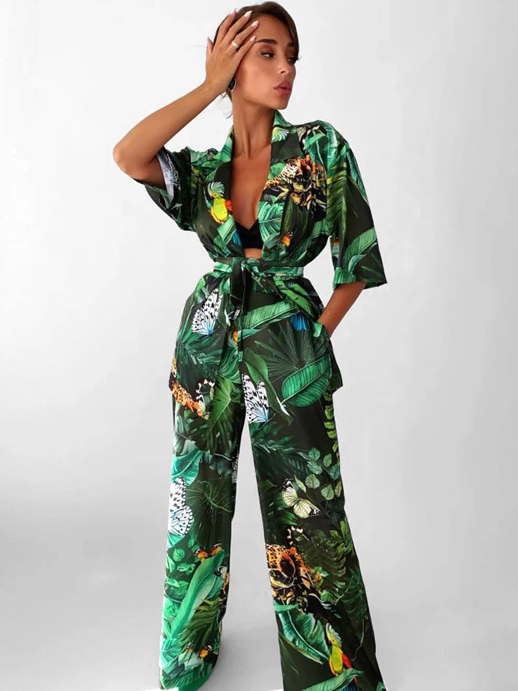 

Пижама женская с принтом, комплект из 2 предметов, свободная Пижама с коротким рукавом и V-образным вырезом, повседневный брючный костюм с поясом