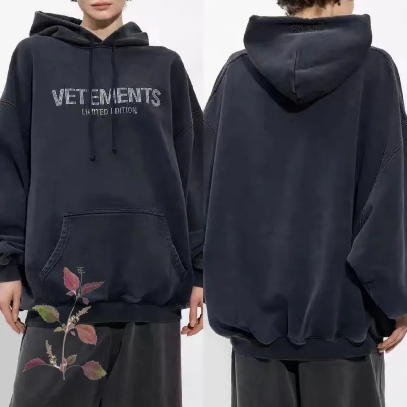 

New Vetements American High Street Heavy Iron Drill Graffiti Lettering Logo Hooded Men's Women's Quality Loose Hoodie Sweatshirt