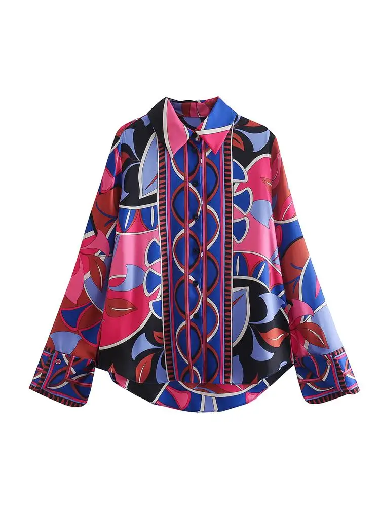 

MESTTRAF Sexy Design 2022 Women Hem AsymmetricalFlowing Printed Shirts Vintage Long Sleeve Button-up Female Blouses Blusas